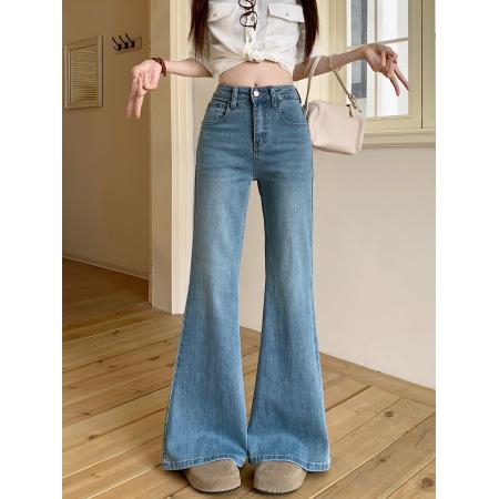 FA54948# 春季新款微喇叭牛仔长裤女复古水洗设计感微弹修身阔脚拖地裤子 服裝批發女裝批發服飾貨源