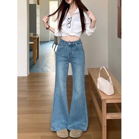 FA54948# 春季新款微喇叭牛仔长裤女复古水洗设计感微弹修身阔脚拖地裤子 服裝批發女裝批發服飾貨源