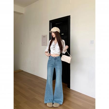 FA54948# 春季新款微喇叭牛仔长裤女复古水洗设计感微弹修身阔脚拖地裤子 服裝批發女裝批發服飾貨源