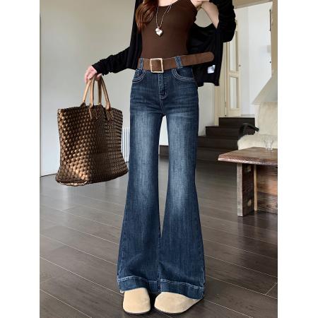 FA54949# 新款高腰牛仔长裤女弹力微喇叭设计感复古水洗做旧阔脚裤子 服裝批發女裝批發服飾貨源