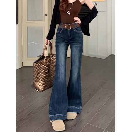 FA54949# 新款高腰牛仔长裤女弹力微喇叭设计感复古水洗做旧阔脚裤子 服裝批發女裝批發服飾貨源