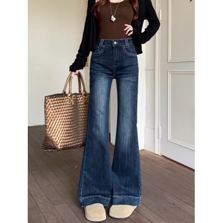 FA54949# 新款高腰牛仔长裤女弹力微喇叭设计感复古水洗做旧阔脚裤子 服裝批發女裝批發服飾貨源