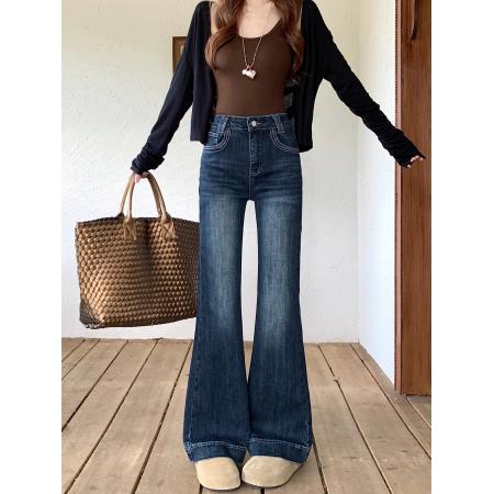 FA54949# 新款高腰牛仔长裤女弹力微喇叭设计感复古水洗做旧阔脚裤子 服裝批發女裝批發服飾貨源