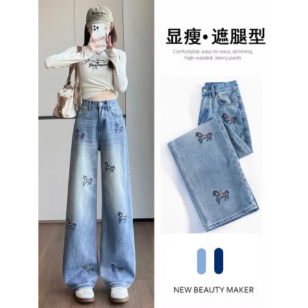 FA54950# 复古小马刺绣直筒牛仔裤女春季新款韩版高腰显瘦阔腿裤子 服裝批發女裝批發服飾貨源