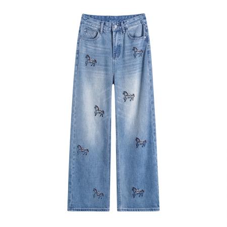 FA54950# 复古小马刺绣直筒牛仔裤女春季新款韩版高腰显瘦阔腿裤子 服裝批發女裝批發服飾貨源