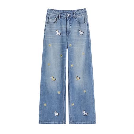 FA54951# 冰川蓝直筒牛仔裤女春季新款韩版高腰显瘦小马刺绣阔腿裤 服裝批發女裝批發服飾貨源