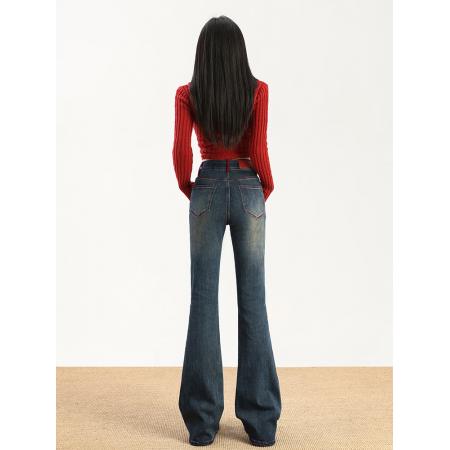 FA54952# 怀旧蓝高腰微喇牛仔裤女春季新款显瘦遮跨喇叭拖地裤子 服裝批發女裝批發服飾貨源