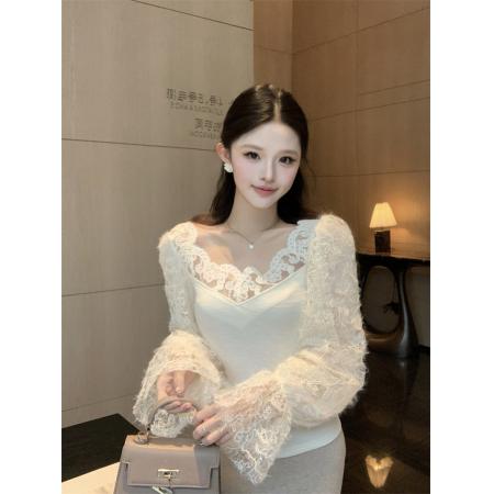 FA54955# 法式温柔纯欲风绝美氛围感洋气收腰蕾丝花边领气质小衫 服裝批發女裝批發服飾貨源