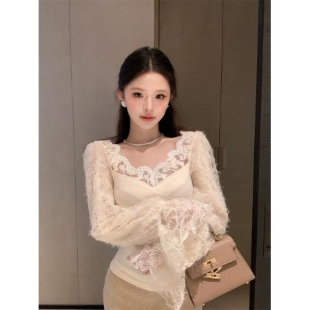 FA54955# 法式温柔纯欲风绝美氛围感洋气收腰蕾丝花边领气质小衫 服裝批發女裝批發服飾貨源