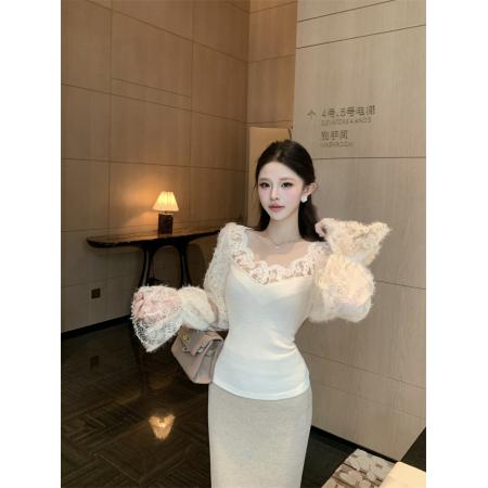 FA54955# 法式温柔纯欲风绝美氛围感洋气收腰蕾丝花边领气质小衫 服裝批發女裝批發服飾貨源