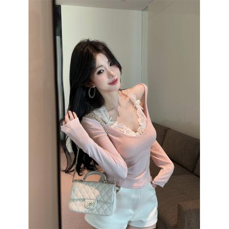 FA54956# 温柔美学早春新款绝美内搭假两件蕾丝针织打底衫上衣女 服裝批發女裝批發服飾貨源