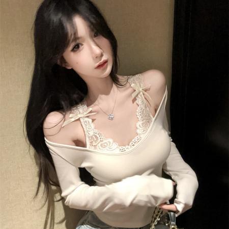 FA54956# 温柔美学早春新款绝美内搭假两件蕾丝针织打底衫上衣女 服裝批發女裝批發服飾貨源