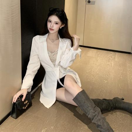 FA54957# 法式性感翻领设计感宽松修身绑带辣妹气质显瘦衬衫上衣 服裝批發女裝批發服飾貨源