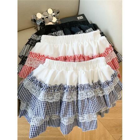 FA54958# 蕾丝拼接格纹蓬蓬蛋糕裙春季甜美松紧腰纯欲防走光a字裙 服裝批發女裝批發服飾貨源