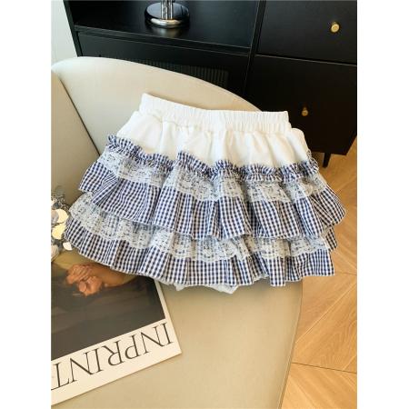 FA54958# 蕾丝拼接格纹蓬蓬蛋糕裙春季甜美松紧腰纯欲防走光a字裙 服裝批發女裝批發服飾貨源