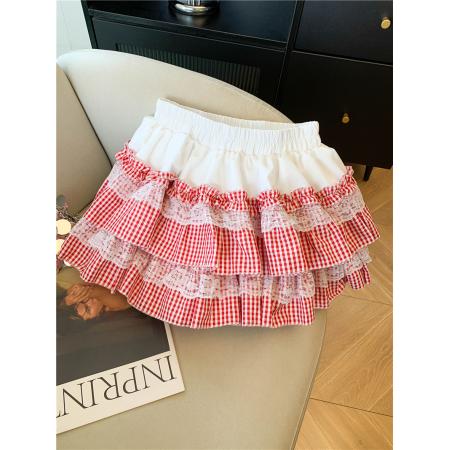 FA54958# 蕾丝拼接格纹蓬蓬蛋糕裙春季甜美松紧腰纯欲防走光a字裙 服裝批發女裝批發服飾貨源