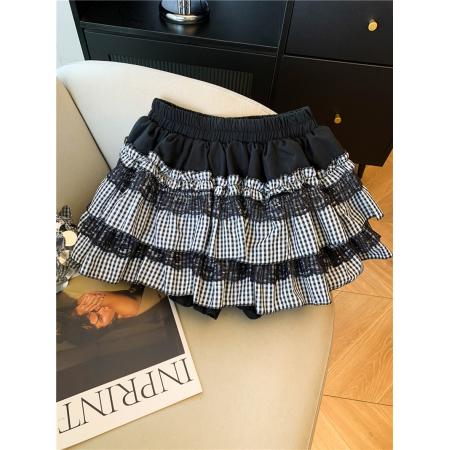 FA54958# 蕾丝拼接格纹蓬蓬蛋糕裙春季甜美松紧腰纯欲防走光a字裙 服裝批發女裝批發服飾貨源