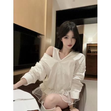 FA54959# 纯欲风网纱花边背心假两件衬衫高级收腰宽松上衣 服裝批發女裝批發服飾貨源