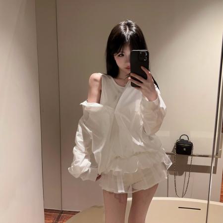 FA54959# 纯欲风网纱花边背心假两件衬衫高级收腰宽松上衣 服裝批發女裝批發服飾貨源