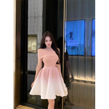 FA54960# 法式气质千金风一字肩上衣女设计感渐变A字半身裙两件套 服裝批發女裝批發服飾貨源