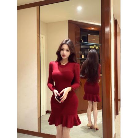 FA54963# 姣欲针织长袖连衣裙名媛风收腰法式包臀裙 服裝批發女裝批發服飾貨源