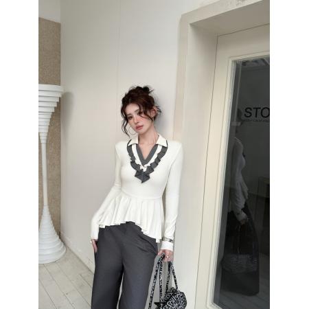 FA54965# 复古撞色翻领荷叶边不规则下摆修身显瘦收腰打底衫 服裝批發女裝批發服飾貨源