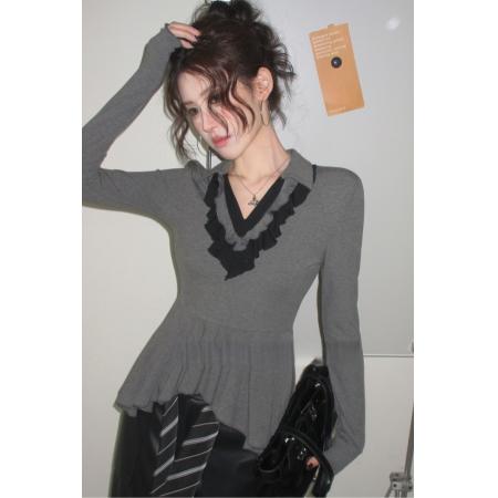 FA54965# 复古撞色翻领荷叶边不规则下摆修身显瘦收腰打底衫 服裝批發女裝批發服飾貨源