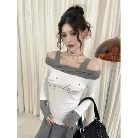 FA54966# 冬季辣妹撞色拼接一字肩烫钻长袖露肩修身显瘦内搭打底衫 服裝批發女裝批發服飾貨源