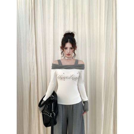 FA54966# 冬季辣妹撞色拼接一字肩烫钻长袖露肩修身显瘦内搭打底衫 服裝批發女裝批發服飾貨源