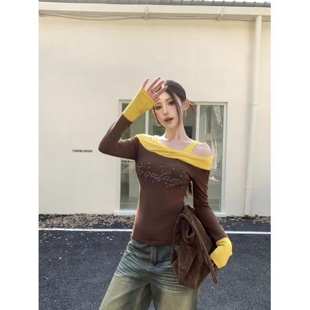 FA54966# 冬季辣妹撞色拼接一字肩烫钻长袖露肩修身显瘦内搭打底衫 服裝批發女裝批發服飾貨源