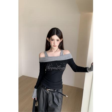 FA54966# 冬季辣妹撞色拼接一字肩烫钻长袖露肩修身显瘦内搭打底衫 服裝批發女裝批發服飾貨源