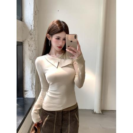 FA54967# 辣妹网纱拼接斜肩不规则修身显瘦性感露肩长袖内搭打底衫 服裝批發女裝批發服飾貨源