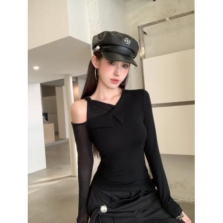 FA54967# 辣妹网纱拼接斜肩不规则修身显瘦性感露肩长袖内搭打底衫 服裝批發女裝批發服飾貨源