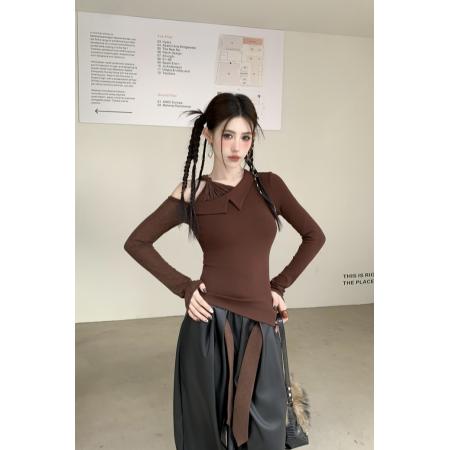 FA54967# 辣妹网纱拼接斜肩不规则修身显瘦性感露肩长袖内搭打底衫 服裝批發女裝批發服飾貨源