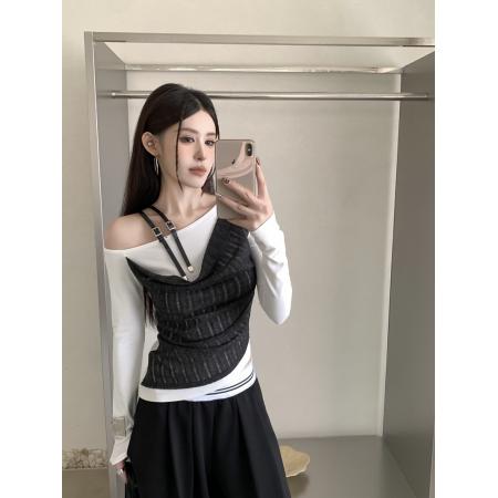 FA54968# 辣妹斜拼接肩设计感皮肩带长袖露肩修身显瘦磨毛打底衫 服裝批發女裝批發服飾貨源