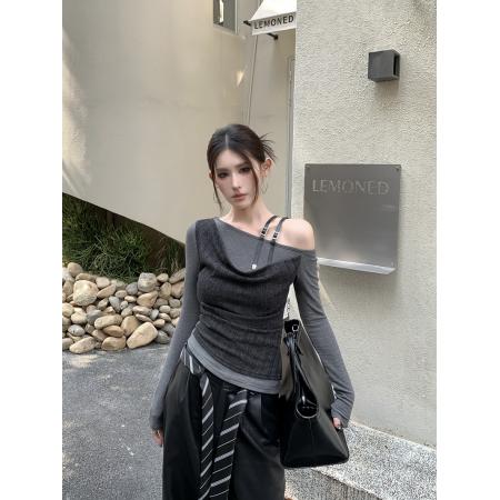FA54968# 辣妹斜拼接肩设计感皮肩带长袖露肩修身显瘦磨毛打底衫 服裝批發女裝批發服飾貨源