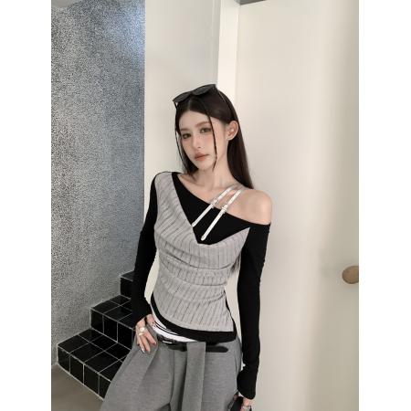 FA54968# 辣妹斜拼接肩设计感皮肩带长袖露肩修身显瘦磨毛打底衫 服裝批發女裝批發服飾貨源