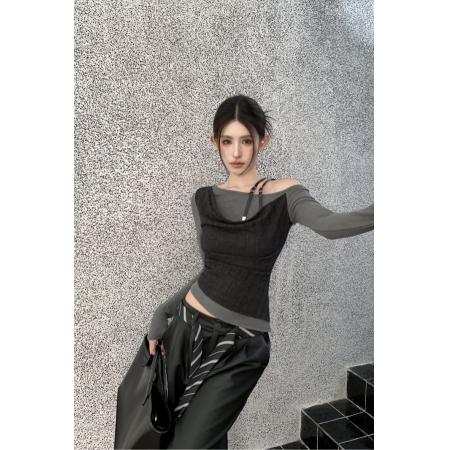 FA54968# 辣妹斜拼接肩设计感皮肩带长袖露肩修身显瘦磨毛打底衫 服裝批發女裝批發服飾貨源