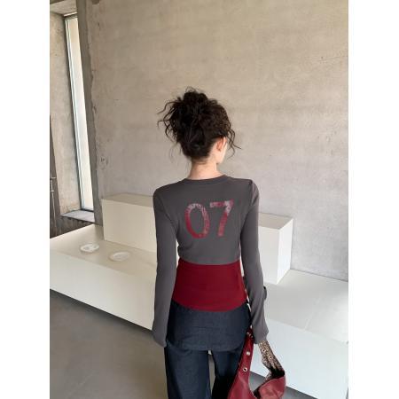 FA54969# 美式辣妹拼接撞色印花长袖修身显瘦加绒百搭打底衫上衣 服裝批發女裝批發服飾貨源