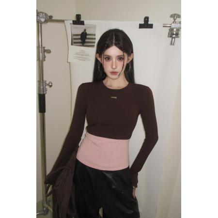 FA54969# 美式辣妹拼接撞色印花长袖修身显瘦加绒百搭打底衫上衣 服裝批發女裝批發服飾貨源