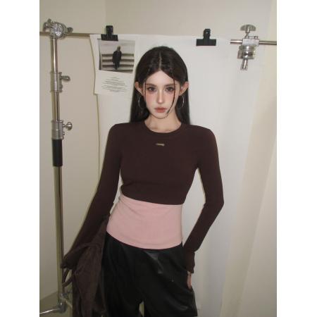 FA54970# 美式辣妹拼接撞色印花长袖修身显瘦加绒百搭打底衫上衣 服裝批發女裝批發服飾貨源