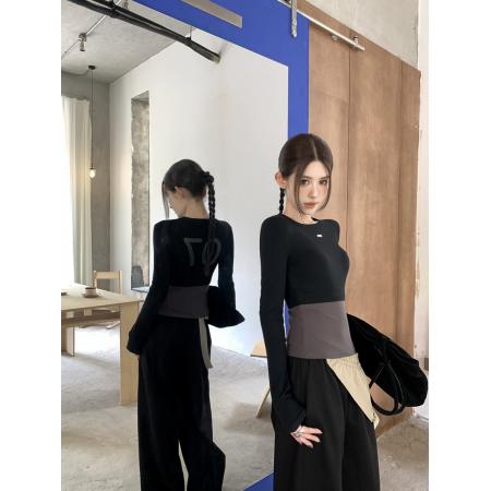 FA54970# 美式辣妹拼接撞色印花长袖修身显瘦加绒百搭打底衫上衣 服裝批發女裝批發服飾貨源