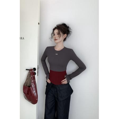 FA54970# 美式辣妹拼接撞色印花长袖修身显瘦加绒百搭打底衫上衣 服裝批發女裝批發服飾貨源