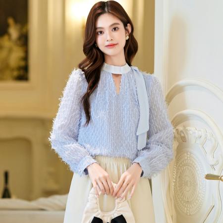 FA54972# 新款春秋季设计感小众长袖系带衬衫法式气质高级感上衣 服裝批發女裝批發服飾貨源