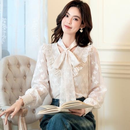 FA54973# 法式系带蝴蝶结荷叶边长袖衬衫女春温柔风灯笼袖雪纺小衫上衣 服裝批發女裝批發服飾貨源