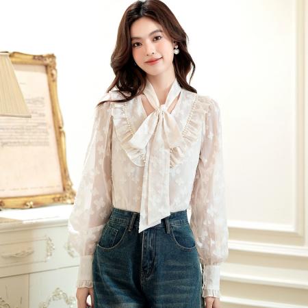 FA54973# 法式系带蝴蝶结荷叶边长袖衬衫女春温柔风灯笼袖雪纺小衫上衣 服裝批發女裝批發服飾貨源