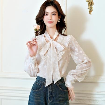 FA54973# 法式系带蝴蝶结荷叶边长袖衬衫女春温柔风灯笼袖雪纺小衫上衣 服裝批發女裝批發服飾貨源