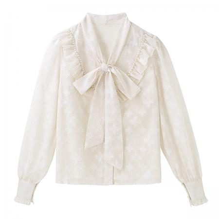 FA54973# 法式系带蝴蝶结荷叶边长袖衬衫女春温柔风灯笼袖雪纺小衫上衣 服裝批發女裝批發服飾貨源