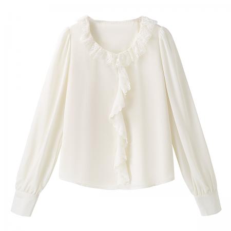 FA54974# 法式蕾丝拼接荷叶边绝美纱料雪纺衫女春秋薄款衬衣气质上衣 服裝批發女裝批發服飾貨源