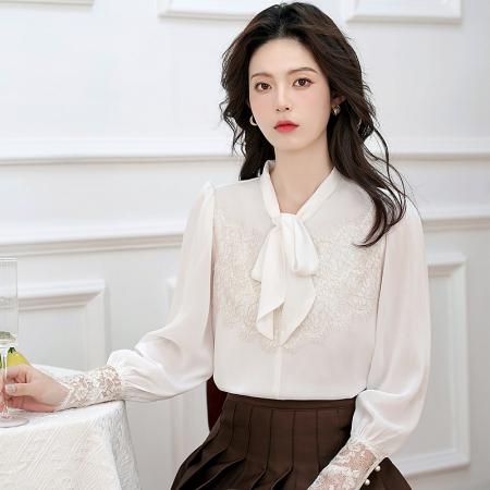 FA54975# 小香风系带雪纺衬衫女春秋新款白色睫毛蕾丝拼接打底衫上衣 服裝批發女裝批發服飾貨源